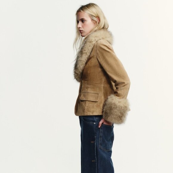 Zara Tailored Suede Leather Blazer with Faux Fur 4341/811/711 - Picture 3 of 6